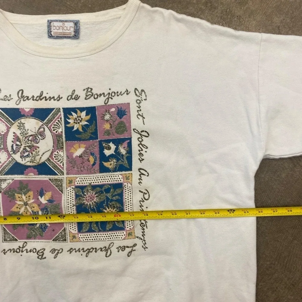 Vintage Bonjour 90 French France Floral Flowers Women's Sweatshirt Crewneck XL